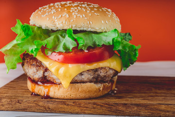hamburger or sandwich. Delicious sandwich hamburger with meat, cheese and fresh vegetable. Hamburger or sandwich is the popular fast food for brunch or lunch. Juicy cheeseburger
