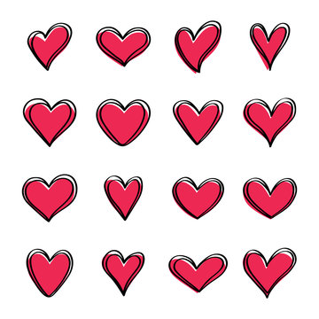 Tangled grunge round hand drawn heart icons set isolated on white background. For poster, wallpaper and Valentine's day. Collection of hearts, creative art