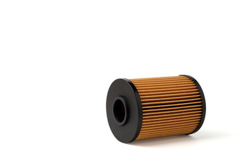 Brand new Oil filter isolated on white background, automobile spare parts.