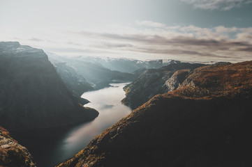 Breathtaking views of Norwegian national park, river and fjords at bright day. - obrazy, fototapety, plakaty