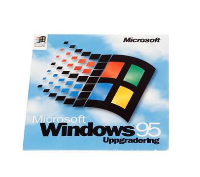 Stockholm, Sweden - December 15, 2014:  Microsoft Windows 95 operating system cover for the Swedish version, isolated on white background.