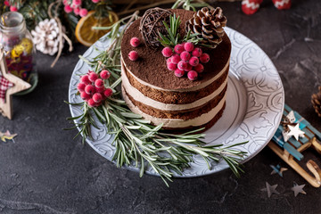 Rustic chocolate Christmas cake with berry on a white dishes