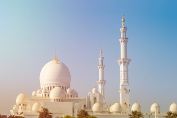 Fototapeta na wymiar Beautiful view of the wonderful white mosque of Sheikh Zayed in Abu Dhabi against a clear sky on a sunny day