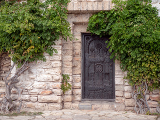 Building element. Entrance carved door in a stone wall, entwined with greenery