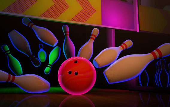 Bowling lane with ball and pins in neon light.