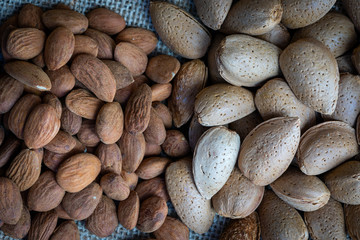 Obraz premium des amandes et des coques d'amande sur une toile de jute
