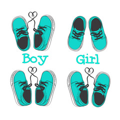 A pair of little kids sneakers. Vector illustration isolated on white. Hand drawing modern fashion print design for kids. With GIRL and BOY inscription and heart.