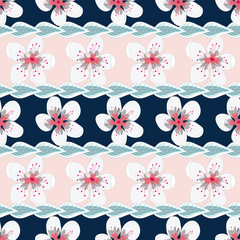 Vector Coral White Gray Flowers with Green Leaves on Peach and Blue Stripes Background Seamless Repeat Pattern