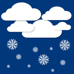 Winter illustration with clouds and snowflakes in the sky.  Vector illustration