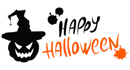 Fototapeta premium Happy Halloween lettering and pumpkin in a witch hat. Handwritten modern calligraphy. Vector illustration. Template for banner, poster, flyer, greeting card.