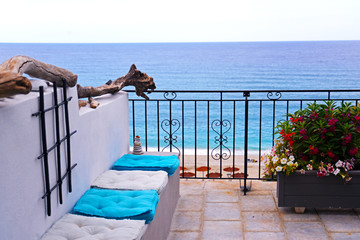Beautiful view to blue sea from nice terrace, vacation theme