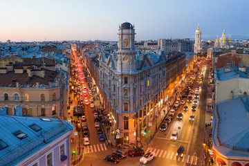 Evening panorama of St. Petersburg. The famous place is "five corners".