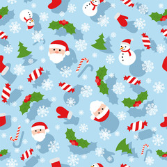 Christmas seamless pattern with Santa Claus, snowman, Christmas tree, snowflakes, Santa Claus hat and sock, candies, holly. Christmas wallpaper, wrapping. Vector illustration