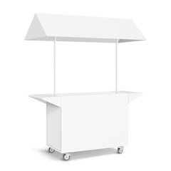 White POS POI Blank Empty Retail Stand Stall Mobile Bar Display With Roof, Canopy, Banner. Fast Food. On White Background Isolated. Mock Up Template Ready For Your Design. Product Packing Vector EPS10