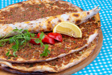 Traditional delicious Turkish food; Turkish pizza; Lahmacun