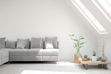 Stylish room in white color with sofa. Scandinavian interior design. 3D illustration