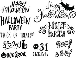 Set of lettering - Happy Halloween, trick or treat, spooky, boo, night party. Handwritten calligraphy. Vector illustration. Perfect for banner, poster, flyer, greeting card.