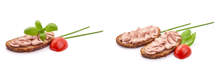 Chicken liver pate sandwich, isolated on white background