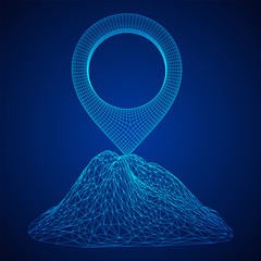 Geo map pin on mountain peak top. Place symbol GPS pictogram. Wireframe low poly mesh vector illustration