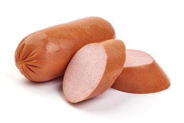 Tasty fresh boiled sausages, isolated on white background