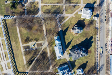 Yaroslav's Court in Veliky Novgorod. Nikolo-Dvorishchensky Cathedral, an important historical tourist site of Russia, aerial view from drone
