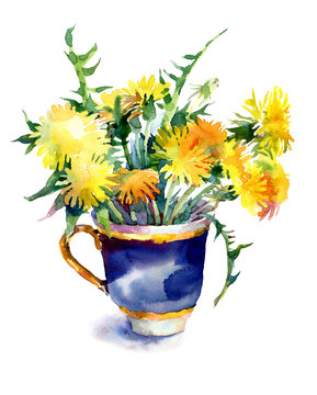 Cup with yellow dandelions. Hand drawn watercolor illustration. Isolated