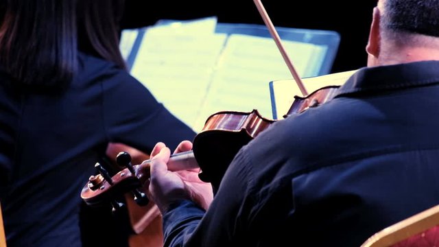Violinist Man Playing on Violin Instrument Symphonic Orchestra Music. Concert of classical, jazz or rock music. Men's back in a black shirt. Close Up.