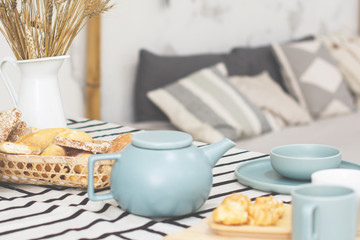 Morning homemade Breakfast in a beautiful bright interior.