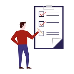 Man making mark on big check list. Flat design. Vector illustration
