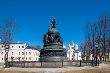 The Millennium of Russia bronze monument (it was erected in 1862) in the Novgorod Kremlin with Saint Sophia Cathedral behind