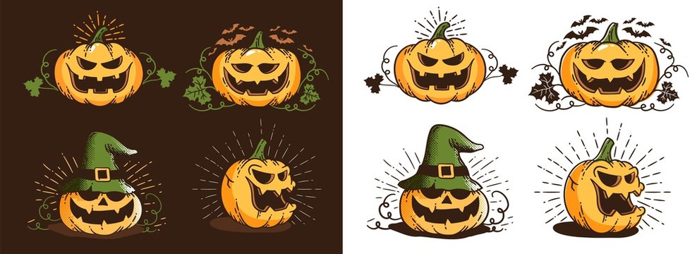 Vintage halloween pumpkin set. Retro trick or treat smiling pupmpkins - vector print illustration.