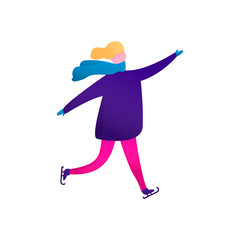 Winter sports with woman skating. Flat vector characters isolated. Christmas design for greeting card, poster, banner.