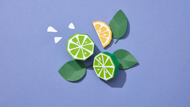 Paper mint leaves and handcraft halves of lime, a slice of lemon