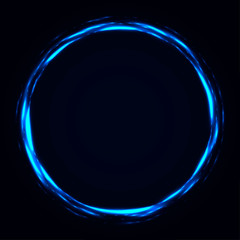Abstract stipple background. Blue luminous circles. Azure glowing circle. Indigo light ring. Ultramarine sparking particles. Colorful ellipse. Bright border.