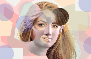 Contemporary art poster with ancient statue of Venus head and details of a living woman's face.