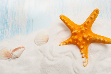 Fototapeta na wymiar Sea background with white sand and blue painted wood, starfish, shells