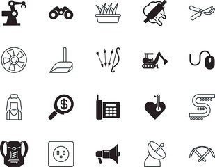 equipment vector icon set such as: robotics, worker, floor, farm, ethereum, appliance, digging, pruners, young, classic, occupation, radio, radar, load, grow, crypto, heart, pack, planting, stem