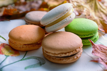 Delicious autumn macaroons next to autumn leaves similar in color lie on the table