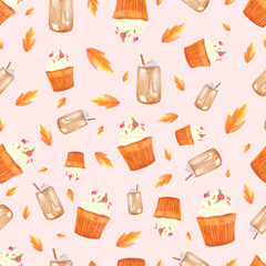 Autumn watercolor pattern. Cupcake, hot chocolate, leaves