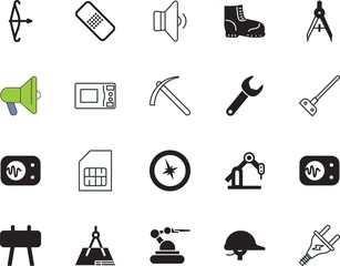equipment vector icon set such as: builder, finance, planning, hiking, strength, color, vacancy, broadcasting, plan, headphone, growth, health, travelling, boot, hoeing, cap, shoe, farming, uk