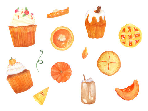  watercolor set of autumn sweets. Pumpkin muffins, pies, buns.