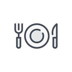 Fototapeta premium Fork, plate and knife color line icon. Restaurant vector outline colorful sign.