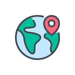 Location color line icon. Planet earth with location marker vector outline colorful sign.