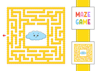 Funny square maze. Game for kids. Puzzle for children. Cartoon style. Labyrinth conundrum with character. Color vector illustration. Find the right path. With answer.