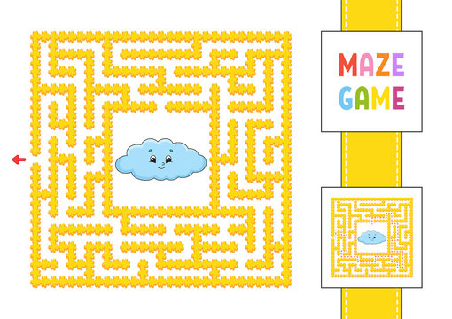 Funny square maze. Game for kids. Puzzle for children. Cartoon style. Labyrinth conundrum with character. Color vector illustration. Find the right path. With answer.