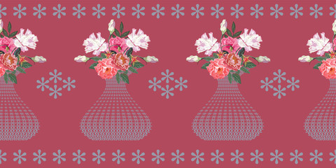 Seamless pattern with cute garden flowers in  vase. Floral background for textile, cover, wallpaper, gift packaging, printing.Romantic design for calico, silk. Horizontal border