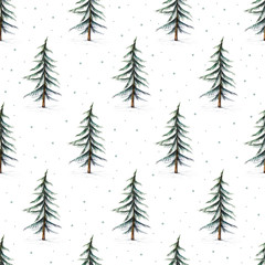 Christmas Seamless Pattern with Pine trees and snowflakes. Xmas ornament.Winter forest background