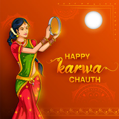 illustration of Indian woman performing Hindu married festival Karwa Cahuth looking moon through shieve