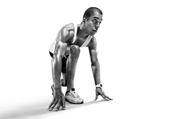 Sports background. Runner on the start. Black and white image isolated on white. - obrazy, fototapety, plakaty