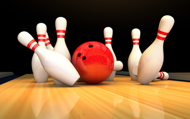 Plakat Bowling background with pins and ball.